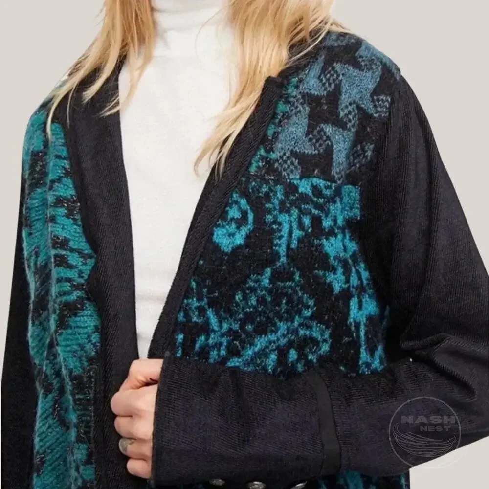 Free People Better Together Blazer M | Mixed Knit Jacquard Open Front, Oversized